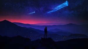 Surreal, Girl, Night, Starry sky, Night sky, Jellyfishes, Dream, Mountains, Aesthetic, 4K wallpaper