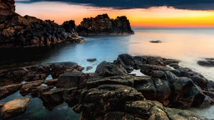 Rocky coast, Sunset Orange, Rock formations, Seascape, Ocean, Horizon, 4K wallpaper