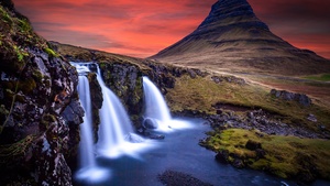 Kirkjufell, Iceland, Mountain, Waterfalls, Landscape, Water Stream, Long exposure, Dusk, Red Sky, 4K wallpaper