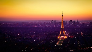 Eiffel Tower, Twilight, Sunset, Paris, France, Cityscape, City lights, Orange sky, Landmark, Tourist attraction, Famous Place, Horizon, Skyline, 4K wallpaper