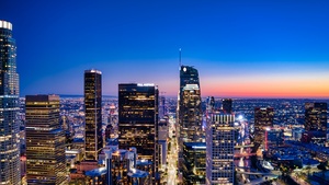 Los Angeles City, City Skyline, Cityscape, Aerial view, Blue hour, Horizon, Clear sky, City lights, Skyscrapers, California, 4K wallpaper