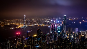 Hong Kong City Skyline, Body of Water, Skyscrapers, Night time, Cityscape, Aerial view, City lights, River, 4K wallpaper