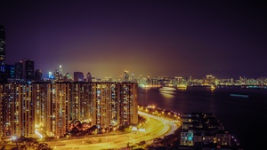 Hong Kong City, Cityscape, Night time, City lights, Highway, Buildings, Skyscrapers, Sea, Purple sky, Body of Water, 4K wallpaper