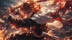 Demon Slayer: Kimetsu no Yaiba, Kyojuro Rengoku, AI art, 4K wallpaper