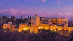 Ancient architecture, Historical landmark, Spain, Purple sky, Night, 4K wallpaper